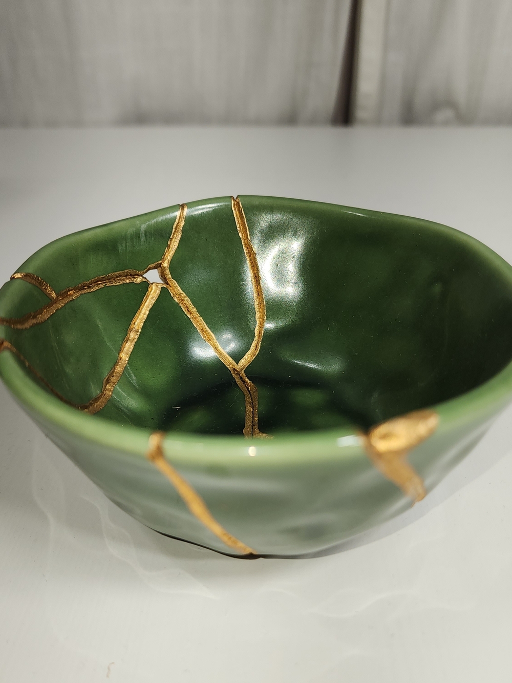 Handcrafted Green Kintsugi Ceramic Bowl with Gold Repair